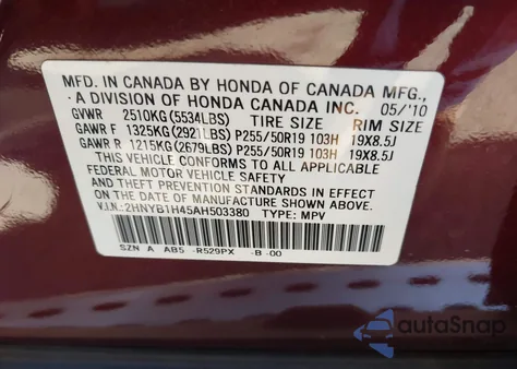 2010 Acura Zdx z USA, uszkodzony, nr VIN 2HNYB1H45AH503380